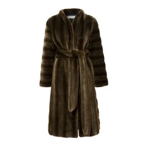 Ecklonis Olive Stripes Faux Fur Robe Coat